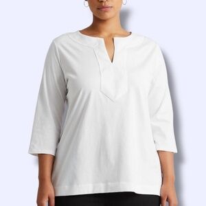 LAUREN RALPH LAUREN 100% Cotton White Split Crew Neck Blouse 3/4 Sleeves Sz 3X